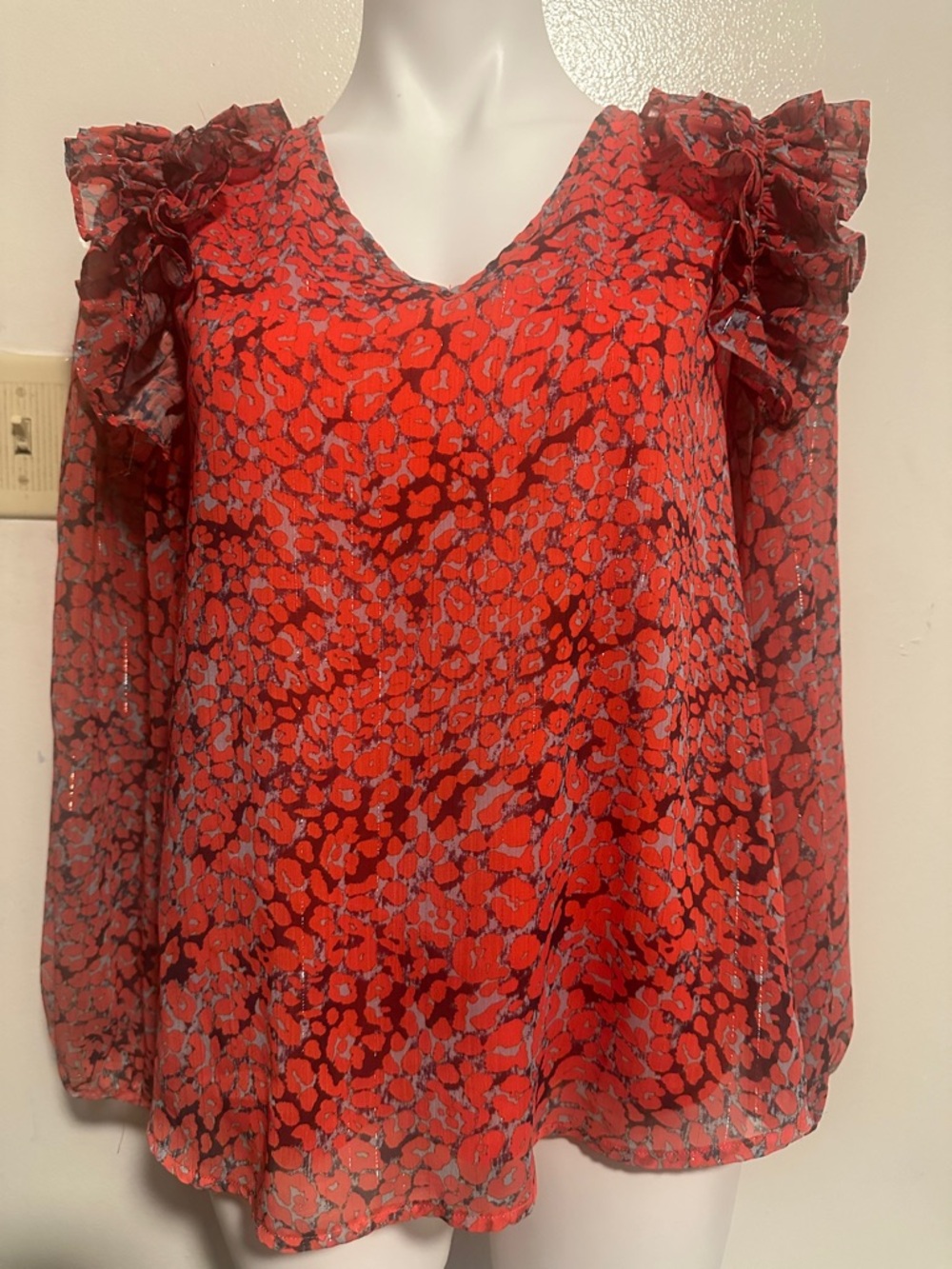 JODIFL Red and Gray Floral Ruffle-Shoulder V-Neck Blouse